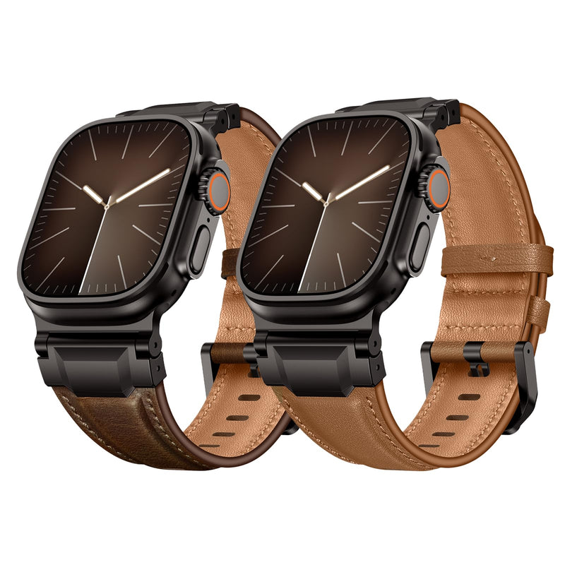 Leather Bands Compatible with Apple Watch Ultra 3/2/1 Band 49/46/45/44/42mm Men, Genuine Leather Metal Connector Strap for iWatch Ultra Series 11/10/9/8/SE, Dark Brown/Black+Light Brown/Black