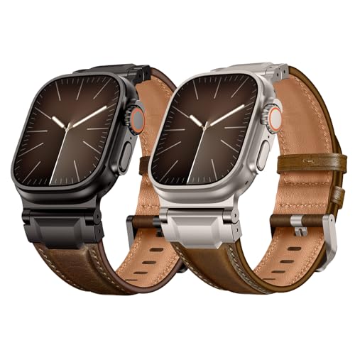 Leather Bands Compatible with Apple Watch Ultra 3/2/1 Band 49/46/45/42mm Men, Genuine Leather Metal Connector Strap for iWatch Ultra Series 11/10/9/8/SE, Dark Brown/Black+Retro Walnut/Titanium