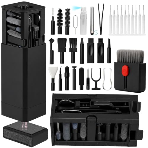 Cell Phone Cleaning Kit, iPhone Cleaning Kit for Charging Port Cleaner Keyboard Cleaning Kit for Airpods/Android/USB C/Earbuds/Laptop/iPad/Camera Lens with Stylus Pen (Black Brush Refill) Black (with 10 Mini Brush)