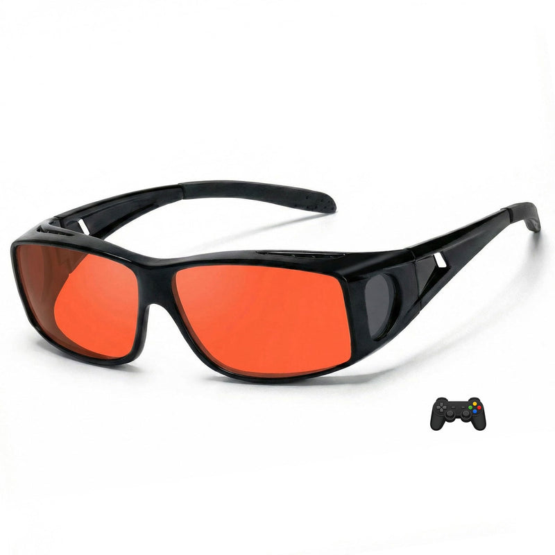 OptiCraft Blue Light Blocking Glasses Wear Over Prescription, Better Sleep | Computer Glasses for Digital Screen, Reduce Eye Strain, Red Lenses Block UV400 and 380-500nm Rays, Light Sensitivity Glasses B01 Black Frame / Amber Lens