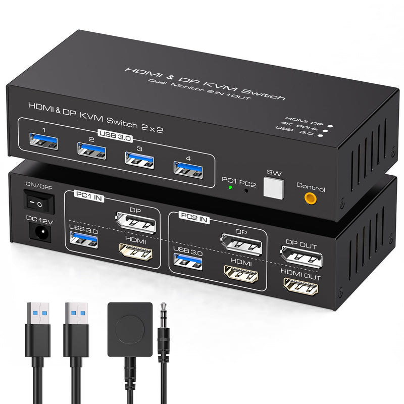 HDMI+Displayport KVM Switch 2 Monitors 2 Computers 4K@60Hz KVM Switcher for Two PC Share Dual Monitors and 4 USB 3.0 Ports Support Extended/Copy Mode with Desktop Controller&2 USB Cables White-3