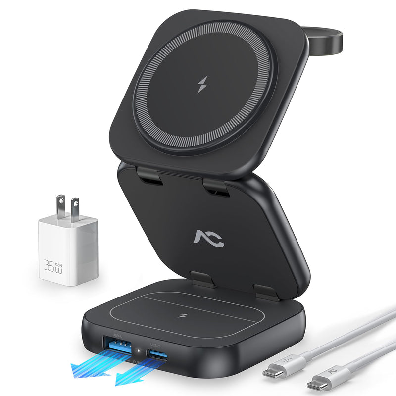 5-in-1 Wireless Charger for MagSafe, AC ISLAND Portable Travel Charging Station, 35W Max Qi2.2 Fast Foldable Magnetic Stand, Evolved for iPhone 17-12 Series, Apple Watch, AirPods (with 35W Adapter) Black