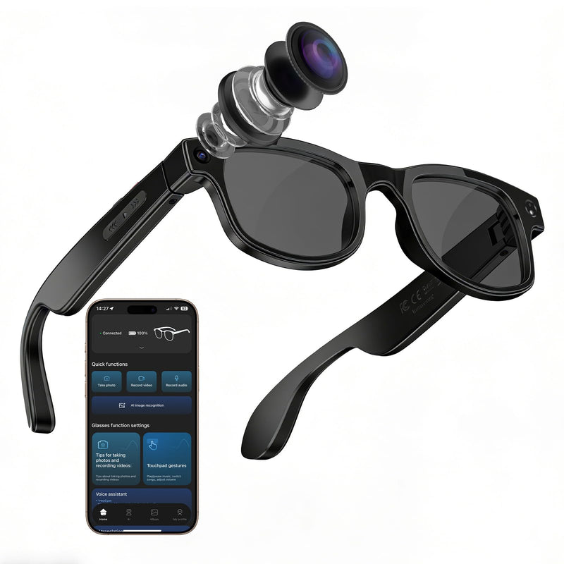 CJkao Smart Glasses with Camera, AI Camera Glasses, Video Recording, Voice Assistant Control Bluetooth Music for Men Women Teenager