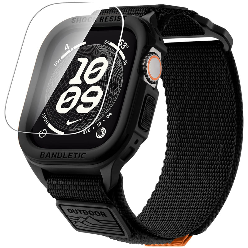 Bandletic Rugged Compatible with Apple Watch Ultra 3/2 Band 49mm with Case | Military Grade Nylon Bands Shockproof Tactical TPU Bumper Protective Men Women,Includes Screen Protector Kit (Black L,49mm) Black Large-49mm (Ultra 3/2/1)