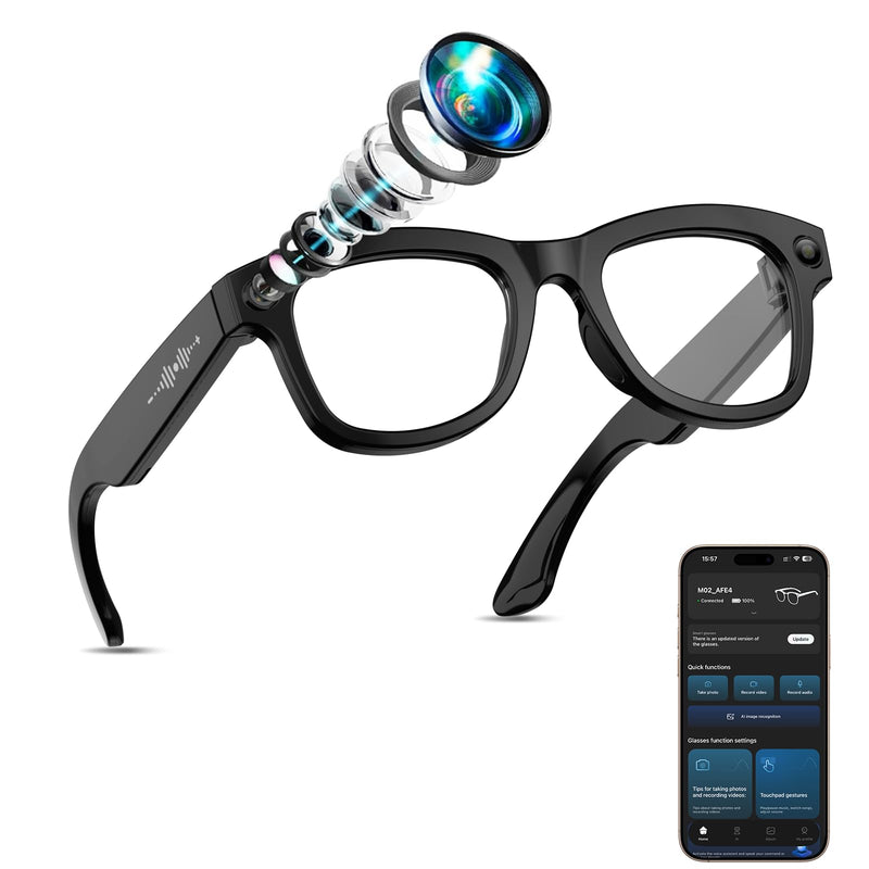 AI Smart Glasses with Camera Stabilization - 8MP POV Video Recording, Real-Time AI Translation, Smart Assistant, Dual-Mic Noise Canceling for Travel & Meetings - Anti-Blue Light, Black Frame