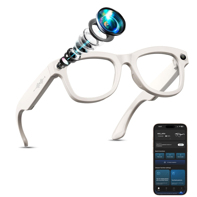 AI Smart Glasses with Camera Stabilization - 8MP POV Video Recording, Real-Time AI Translation, Smart Assistant, Dual-Mic Noise Canceling for Travel & Meetings - Anti-Blue Light, Beige Frame