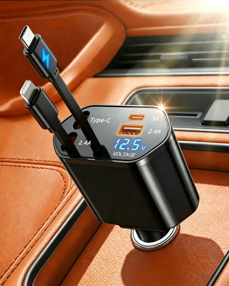 4 in 1 Retractable Car Charger, USB C Fast Charging Adapter, Black | Compatible with iPhone 17-8 and Samsung Galaxy; ideal gift for drives,cars,trucks,SUVs,road trips,rideshare,and family travel