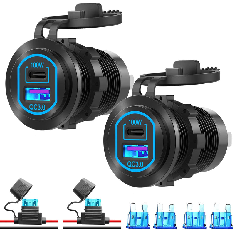 2 Pack 12 Volt USB Outlet PD 100W USB C and QC3.0 18W Port Aluminum Car Charger Socket for Laptops Tablets Phones, Cigarette Lighter Replacement Car Accessories DIY for RV Camper Truck Boat Golf