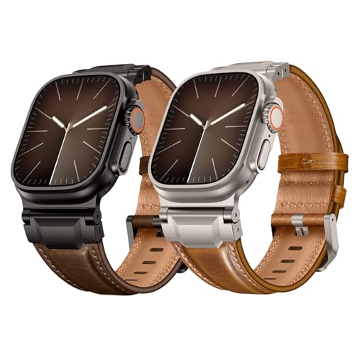 Leather Bands Compatible with Apple Watch Ultra 3/2/1 Band 49/46/45/44/42mm Men, Genuine Leather Metal Connector Strap for iWatch Ultra Series 11/10/9/8/7/SE/6/5/4,Dark Brown/Black+Brown/Titanium
