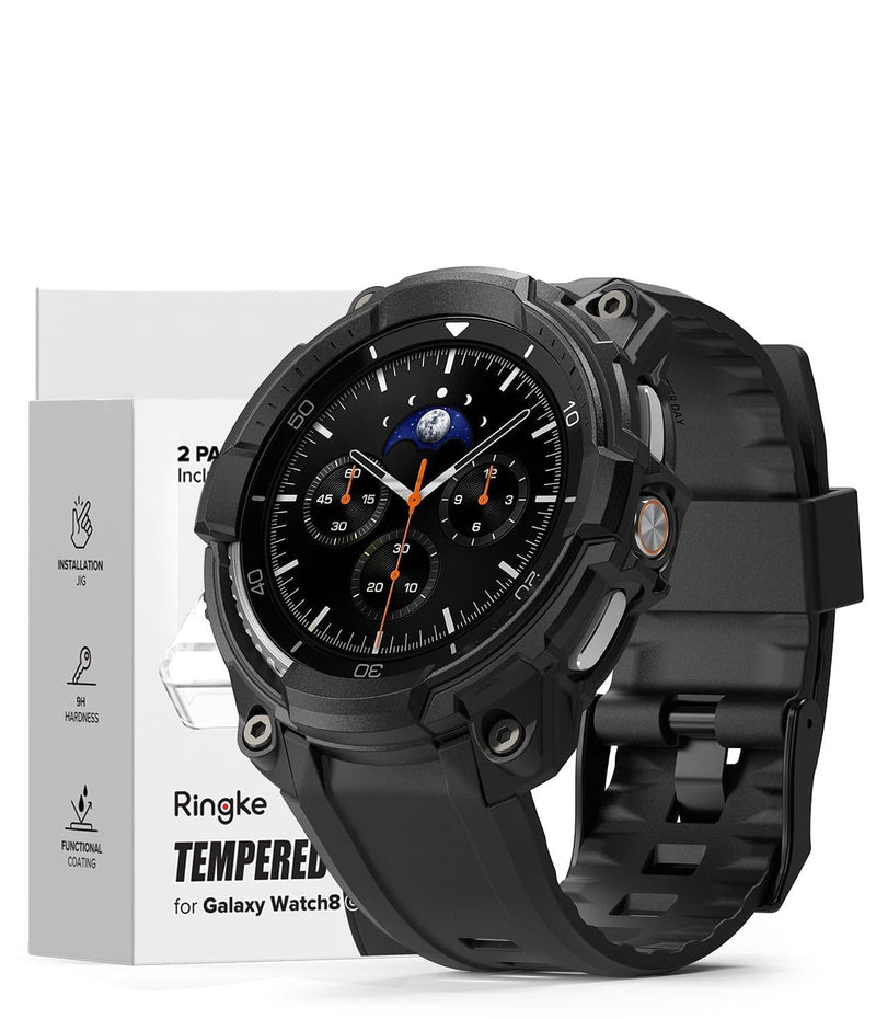 Ringke Bundle [Case with Strap + Screen Protector] for Galaxy Watch 8 44mm : Rugged Gear [All Black] + Tempered Glass Pro [2 Pack]