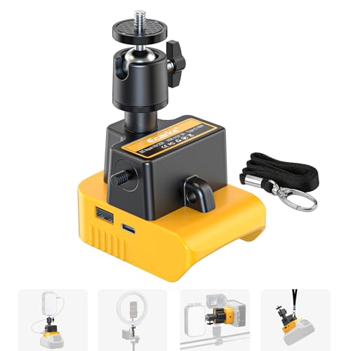 Camera Flash Speedlite Mount Swivel Light Stand Bracket,USB-C/USB-A Adapter for Camera Lighting Compatible with DeWALT 20V Max Battery,Mounts on Tripod Stand, Portable & Professional Power Solution