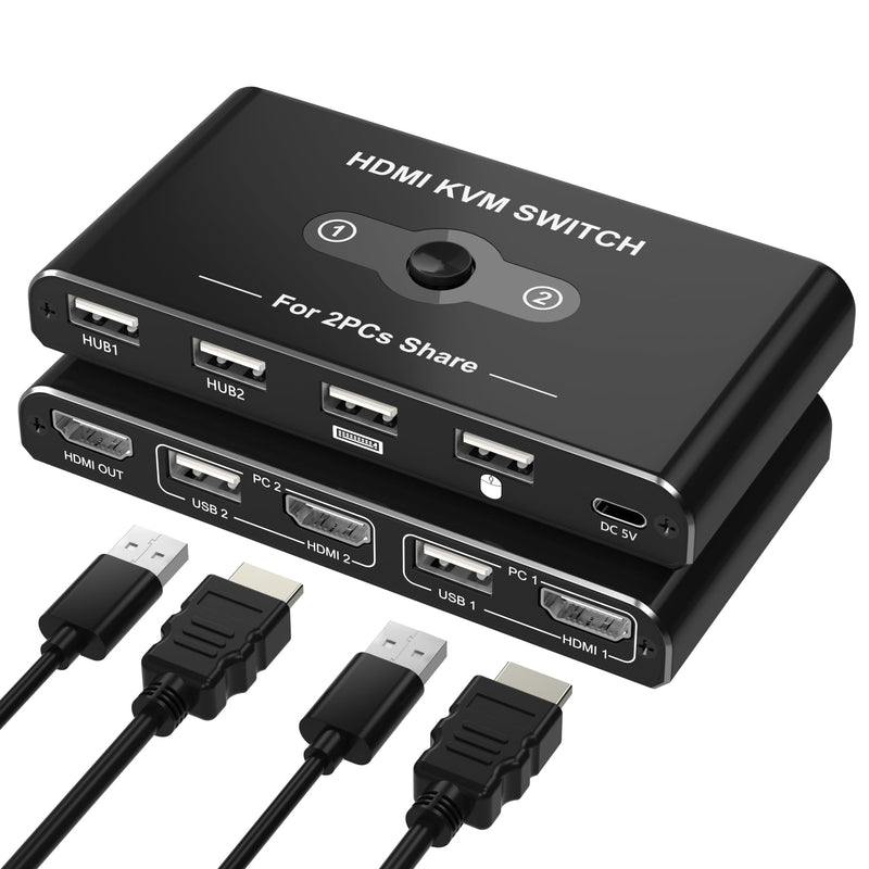 KVM Switch for 1 Monitor 2 Computers, 4K@60Hz HDMI KVM Switcher, HDMI USB Hub Switches for PC/Mac Pro/Laptop, Plug and Play, Share Keyboard Mouse Printer, with 2 USB Cables and 2 HDMI Cables