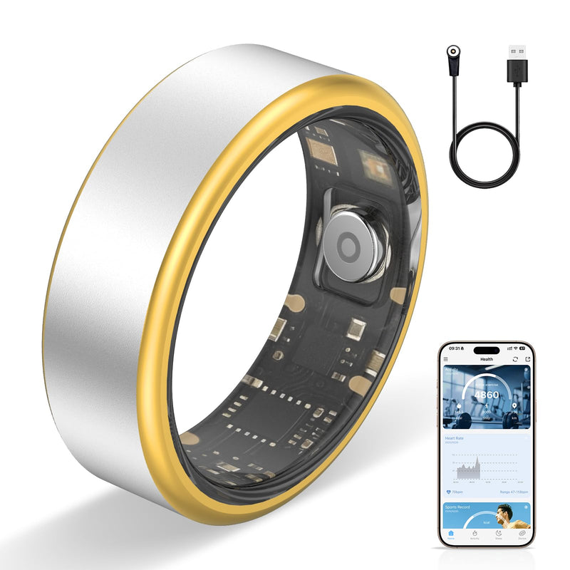 Smart Ring Long-Lasting Battery Chip Fitness Tracker Monitors Heart Rate Blood Oxygen Levels Records Sleep Step Count Waterproof Function Christmas/Valentine's Day Gift (Silver, 10) Silver
