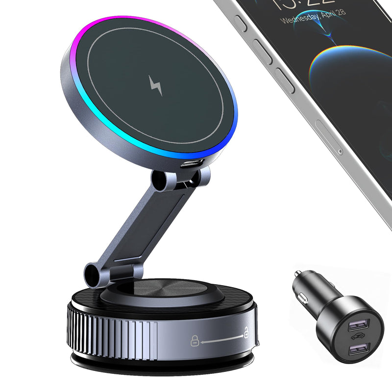 Magnetic Phone Holder for Car Wireless Charging, 15W Fast Wireless Car Charger with Vacuum Suction, 360° Adjustable Magnetic Mount for Dashboard & Windshield, Hands-Free for MagSafe iPhone & Android for Magnetic General PM