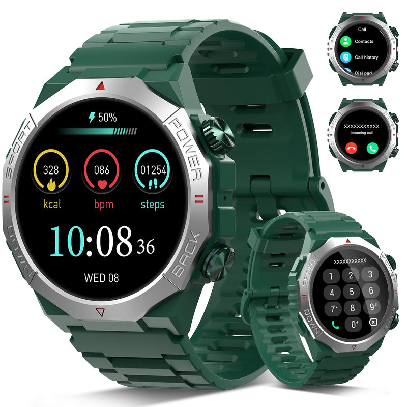 Qecnato Military Smart Watches for Men (Answer/Make Calls), 1.39" Watches, Heart Rate/Sleep Monitor, 110 Sports Modes Watch, Waterproof Watch, 30Day, Watches for Android/iPhone, Green