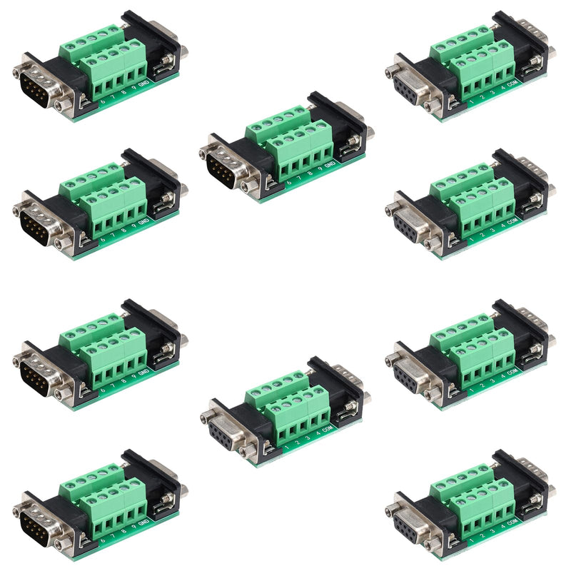 10Pcs RS232 DB9 Male to Female Terminal Breakout Board Connector | Test DB9 pins，for RS232/RS485/CAN/RS422 Serial Signals DB9 Male to Female（10pcs）