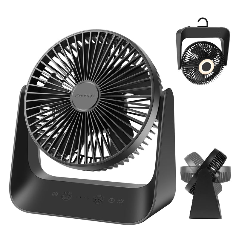 5000mAh Small Desk Fan 6-Inch, Portable Desktop Fan with Intelligent temperature control function,Small Battery Operated USB Fan with Light & Hook for Bedroom, Home, Office, Travel & Cruise M BK