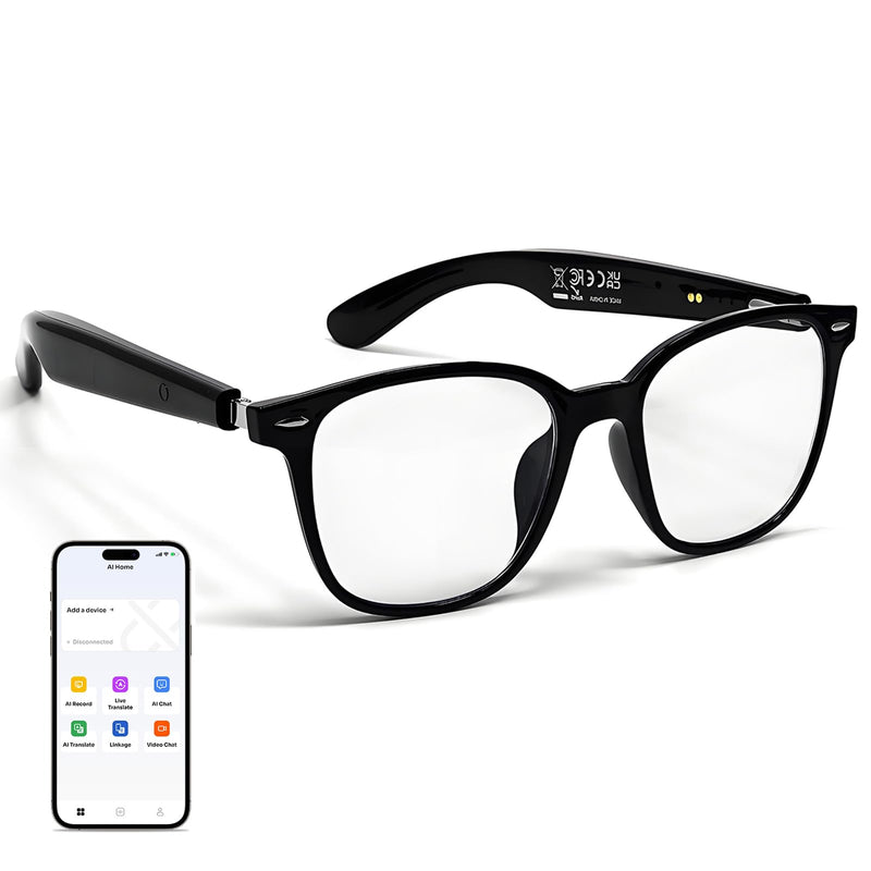 Smart Glasses for Men & Women, Black Frame/Transparent Lens | Open Ear Bluetooth 5.4, Real-Time Translation with 140 Languages, UV 400 Sunglasses