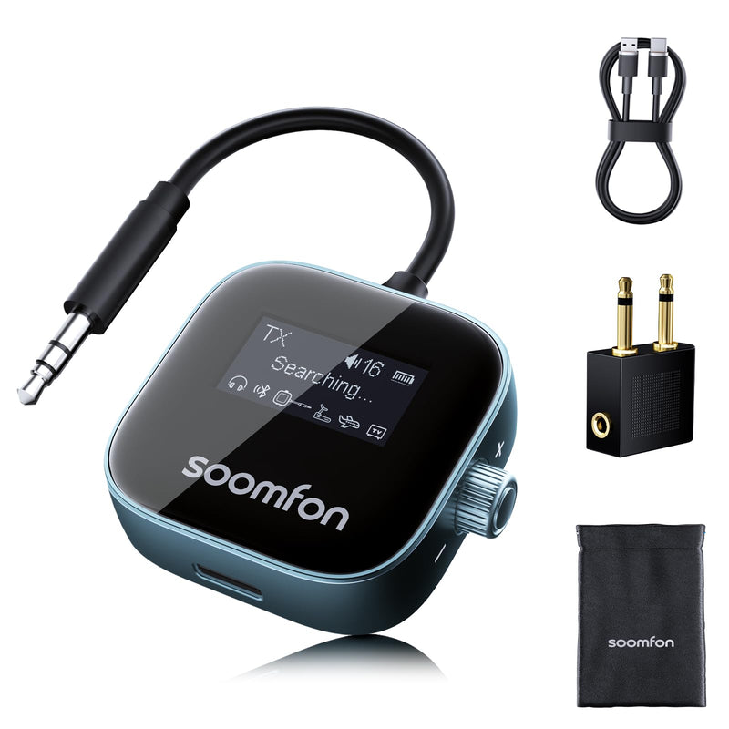 [AUSTRALIA] - SOOMFON Airplane Bluetooth 5.3 Transmitter for 2 Airpods or Headphones 2-in-1 Airplane Bluetooth Adapter Receiver with LCD Display 3.5mm for Plane Flying Gym Car Home Stereo System 