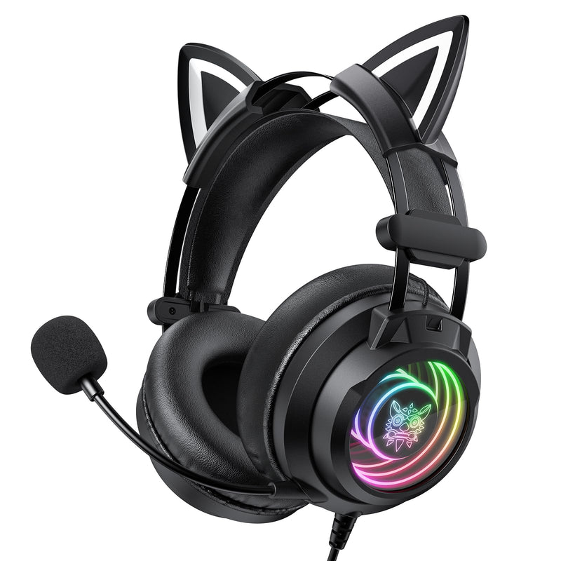 [AUSTRALIA] - Gaming Headset with Microphone, Detachable Cat Ears, Abyssal Mirror RGB Light, 50 MM Drivers Surround Sound, Lightweight Gaming Headphones for PC/Laptop/PS4/PS5/Switch 