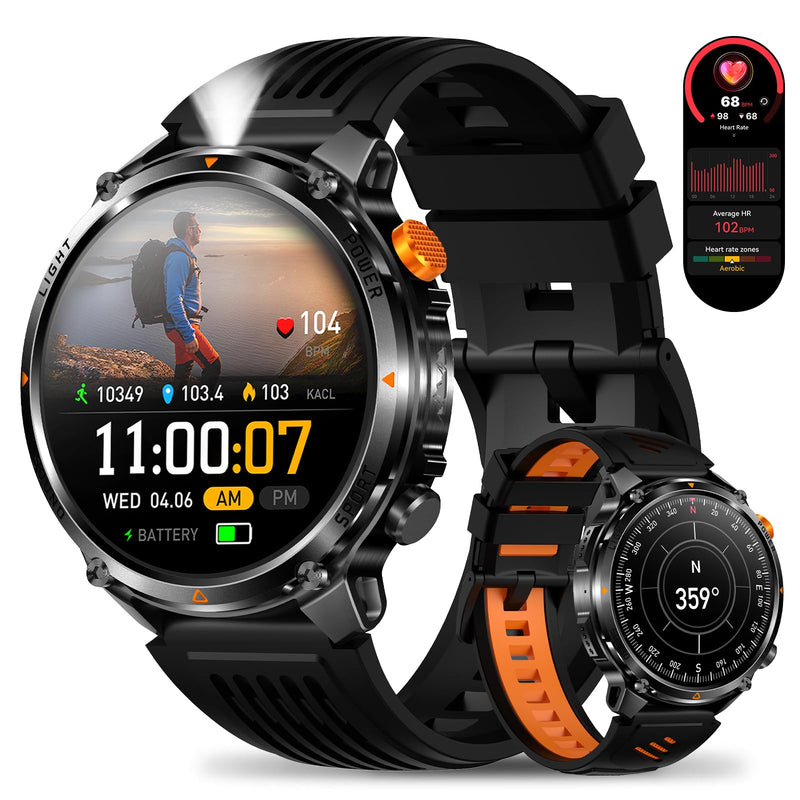 MIlitary Smart Watch with Compass/Flashlight for Android & iPhone (2 Bands) | 100 Days Battery/IP68 Waterproof, Answer/Make Calls, 1.7" HD Fitness Tracker Watch with Sleep/Heart Rate Monitor for Men