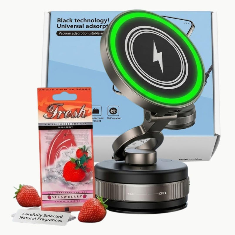 Wireless Charger Phone Holder for Car, 15W Fast Charging, Strong Magnetic Suction, 360° Adjustable Foldable Mount with Strawberry car Paper freshener