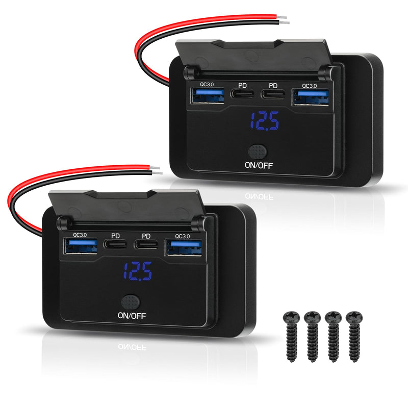 2 Pack 78W 12V USB Outlet Panel Wall Mount with Blue Voltmeter Dual 36W PD & Dual 18W QC3.0 Car USB Port Lightweight 12V USB Charger with ON/Off Switch Pack of 2 with 4 Port / 78W