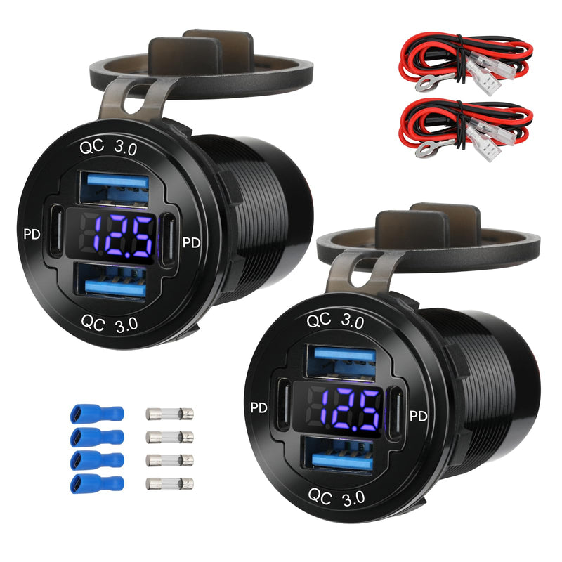 2 Pack 12V USB Outlet 4-Port, 78W Dual PD30W & QC3.0 Fast Charger | Waterproof Aluminum Alloy 12v power outlet with Blue Voltmeter for Cars RVs Boats Golf Carts Trucks Motorcycles 2 pack