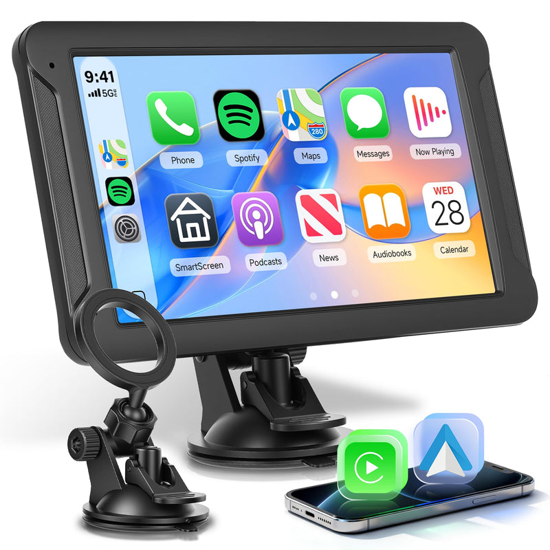 7-Inch HD IPS Portable Carplay Screen for Car, Wireless CarPlay & Android Auto, Bluetooth Music & Call, Wireless Screen Mirroring, CVBS Rearview Camera Compatible with Adjustable Brightness