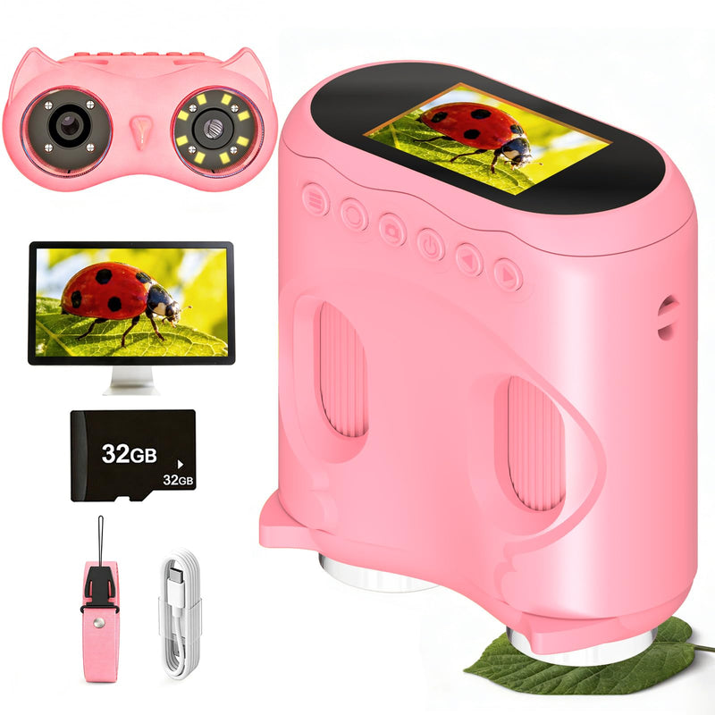 [AUSTRALIA] - 1000X Digital Microscope for Kids &Binoculars,Handheld Kids Microscope with 2.0" Screen,Rechargeable USB Portable Microscope,STEM Education Toys Christmas Birthday Gifts for Kids Boys Girls Ages 4-12 Pink 