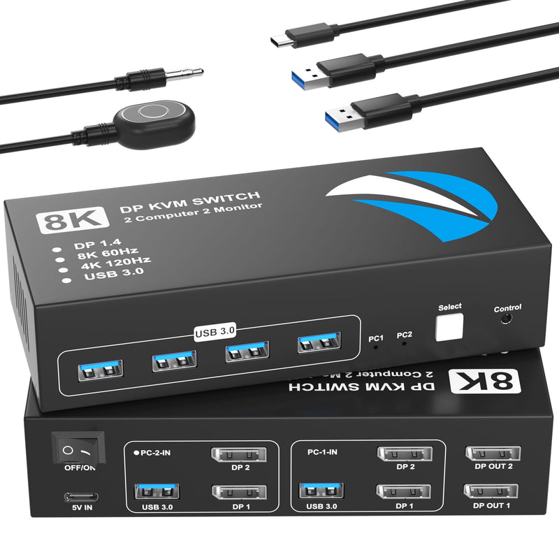 8K@60Hz KVM Switch 2 Monitors 2 Computers Display Port, KVM Switches Dual Monitor with 4 USB 3.0 Ports Sharing Keyboard Mouse Printer, Computer Switch for 2 Computers, Displayport Switch 2 in 2 Out