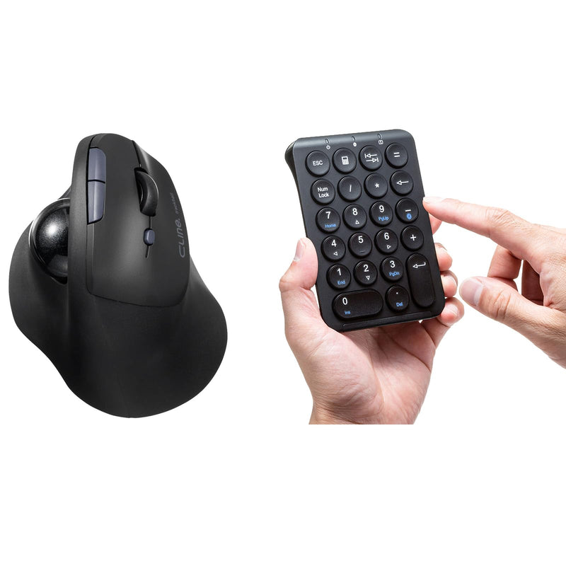 SANWA 190BK 3-Device Wireless Trackball Mouse + Bluetooth Numeric Keypad Set, Programmable Silent Buttons Roller Mouse, 22-Key Portable Financial Accounting Numpad, Compatible with Mac, Laptop, PC, Wi