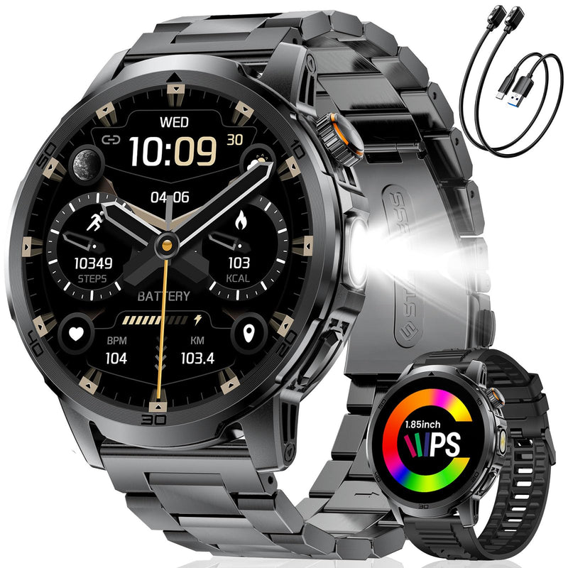 Military Smart Watch for Men Answer/Make Call, 1.85'' HD Rugged Smartwatch with 1000mAh Battery/Flashlight/Heart Rate/110+ Sports Mode, IP68 Waterproof Fitness Tracker Watch for Android iPhone Black
