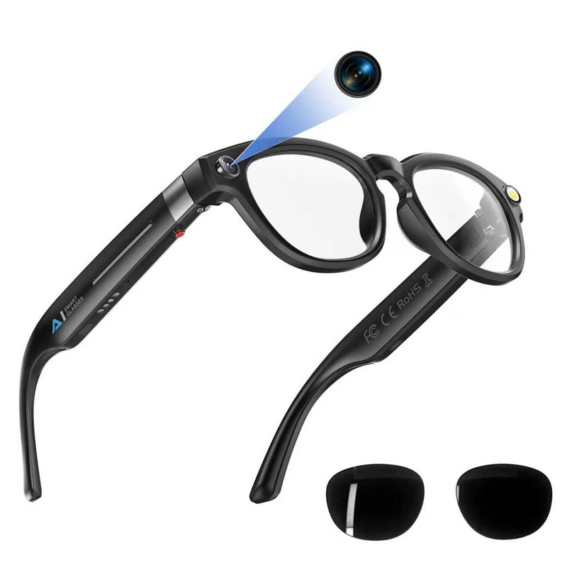8MP Camera Glasses for Men and Women & Replacement Sunglasses Lenses, HD 1200P 4K Video Recording | Real-Time Translation & Object Analysis