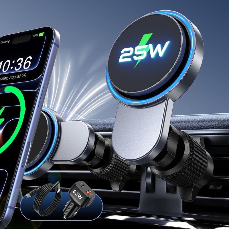 for 25W Magsafe Car Mount Charger with [Cooling Fan], Magnetic Phone Holder for Car, Car Vent Phone Mount with 63W Car Charger, Magnetic Wireless Car Charger for iPhone 17/16/15/14/13/12 Series Black