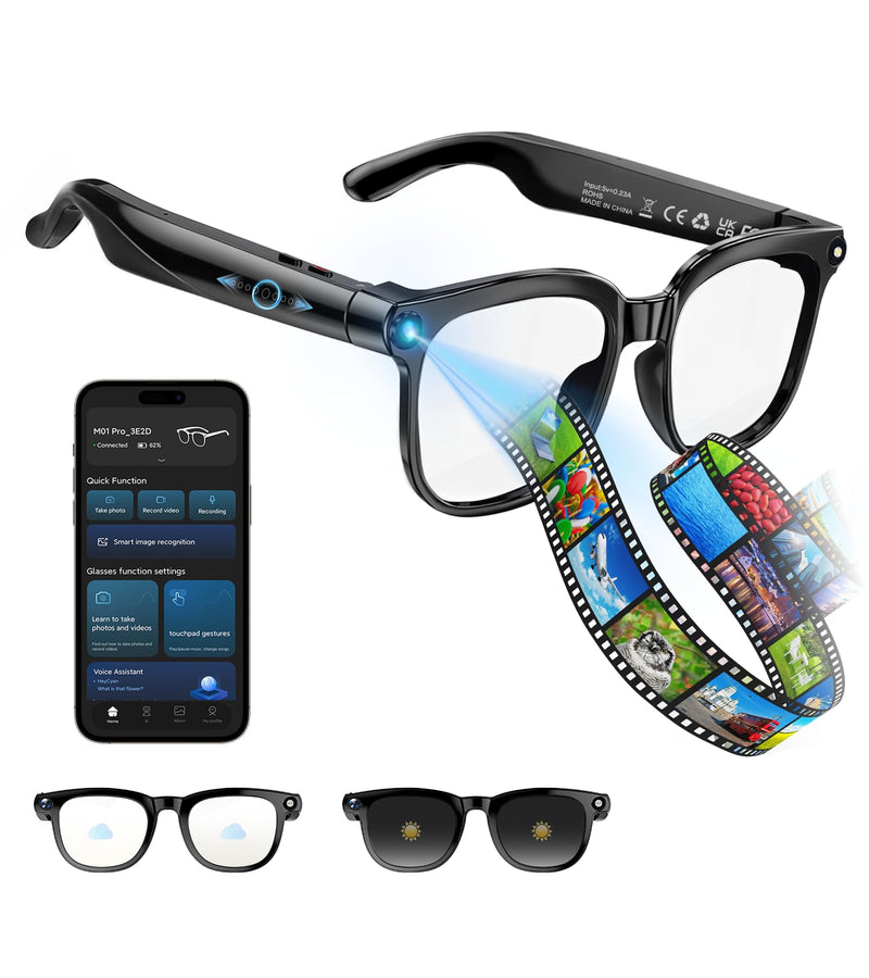 Smart Glasses with Camera and Bluetooth - AI Glasses for Men Anti-Shake Real-Time Translation Object Recognition ChatGPT Assistant Long Battery Life for Meetings Video Recording Vlogs (Universal Size) Universal Size