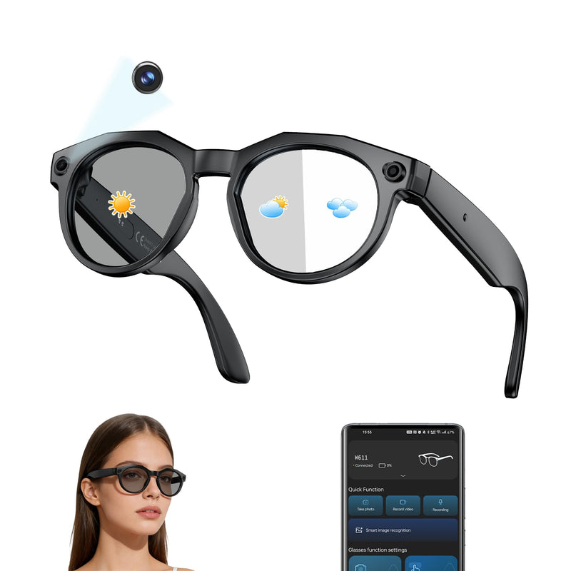AI Smart Glasses with Camera: POV Video Recording & Bluetooth Audio | AI object recognition & translation, photochromic lenses, 290mAh battery W611B