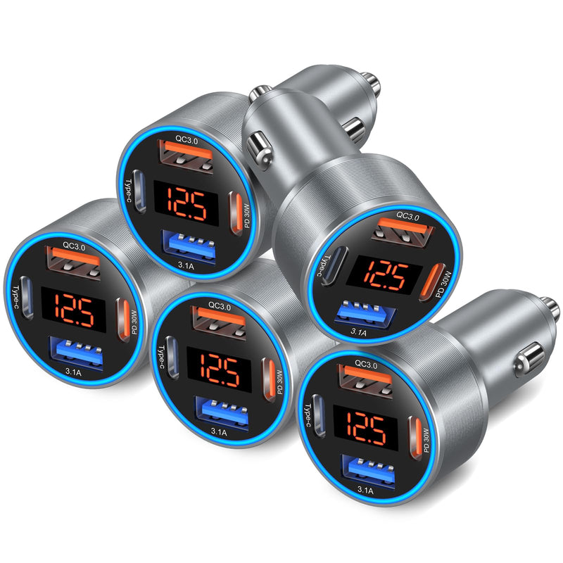 Car Charger 5 Pack, 65W 12V USB Multi Port QC/PD 3.0 Fast Charge Cigarette Lighter Adapter Dual USB-C & USB-A Cargador Carro Car Phone Charger Plug for iPhone 17 16 15 14 13 Galaxy Android(Gray) Gray