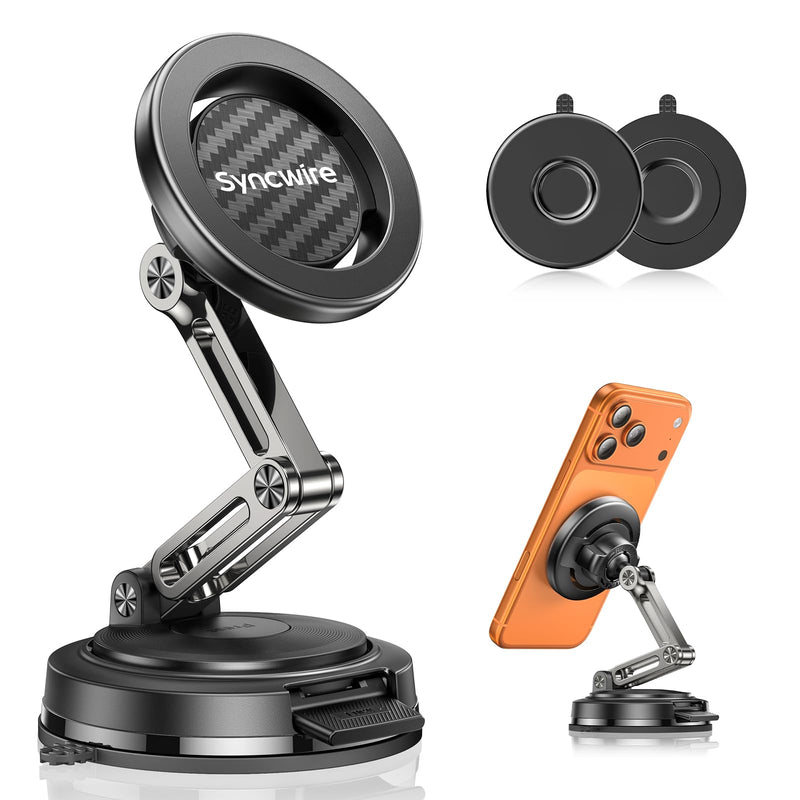 SYNCWIRE for MagSafe Car Mount Vacuum Magnetic Phone Holder Dash Windshield | Strong Magnets, Replaceable Suction Cup, Foldable 3 Axis, 360° Rotation, Tesla Screen Mount, iPhone 17 to 12 Pro Max Plus Carbon Fiber
