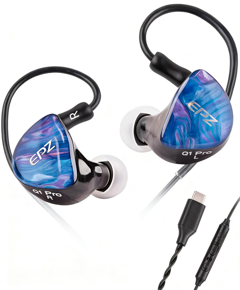 EPZ Q1 PRO in Ear Monitor Gaming Earbuds Type-C with Mic Detachable Cable | 10mm LCP+PU Dynamic Driver Dual Cavity Dual Magnetic IEM, 3D Printed Resin 4N Single Crystal Copper Cable Wired Earphones Type C With Mic