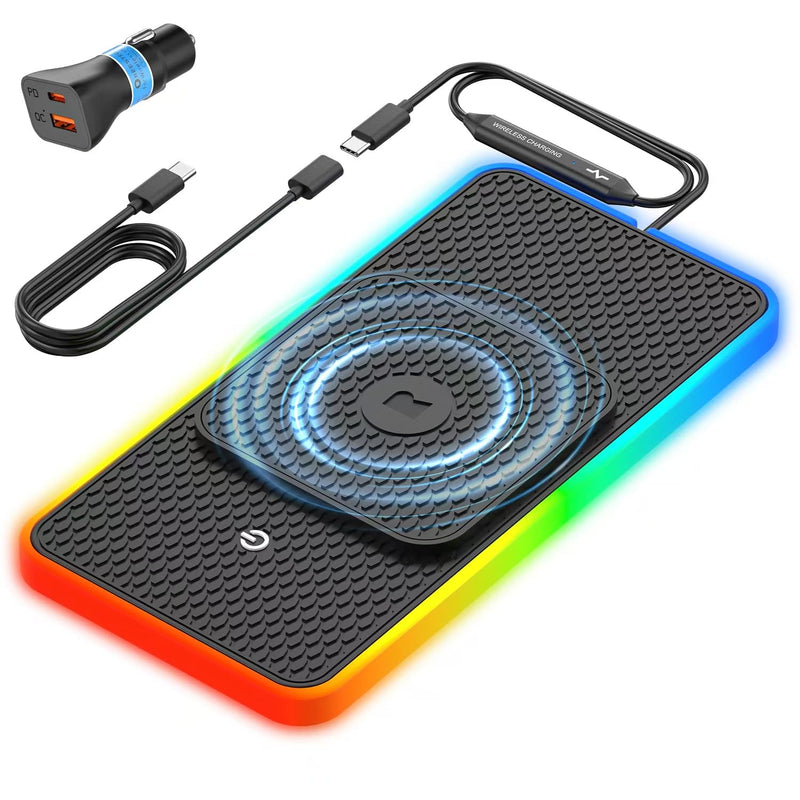 Wireless Car Charger Pad, REESTECQI 15W RGB Wireless Charger for Car Type C Non Slip Charging Pad for Car Compatible with Airpods iPhone16/15/14/13/12, Samsung Google (30CM+ 70CM Extension)