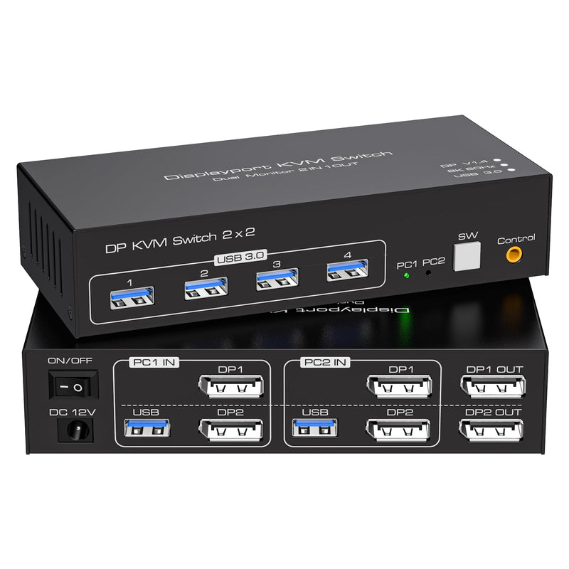 Displayport KVM Switch 2 Monitors 2 Computers 8K 60Hz 4K 120Hz Dual Monitor USB 3.0 KVM Switches for 4 USB Devices, Wired Extension Button,12V DC Adapter and USB3.0 Cables -3.6CM High White 3.6CM 2PC 2 Monitors