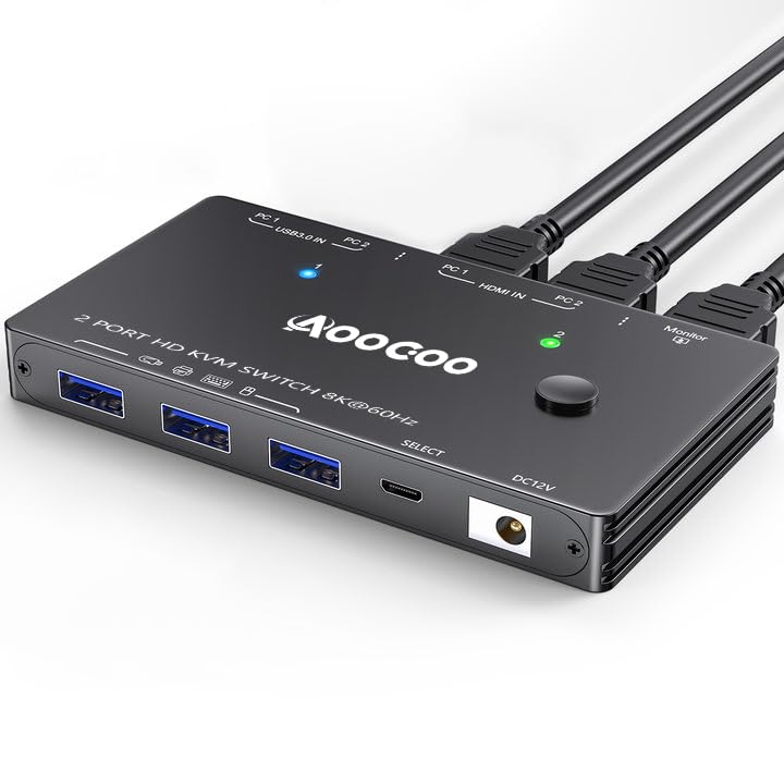 HDMI2.1 KVM Switch 2 Computers 1 Monitor, 8K@60Hz Single Monitor KVM Switch for 2 PC Share 1 Monitor and USB3.0 Devices, with USB Cables,Controller and Power Adapter Black 11cm HDMI KVM Switch 2 in 1 out