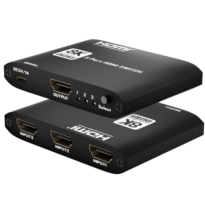 HDMI 2.1 Switch 3 in 1 Out 8k60Hz,3 Port HDMI Switcher 4K@144Hz, 48Gbps,VRR, Dynamic HDR, HDCP 2.3，for PS5/Xbox Series X/Apple TV 8K/Roku Ultra/Fire Stick 8K Max