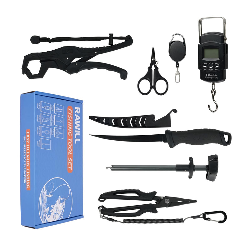 RAWILL Fishing Kit,Filleting Knife,Hook Remover,Fish Grip, Line Cutter,Fishing Scale, Pliers with Lanyards,Not Include Batteries Black