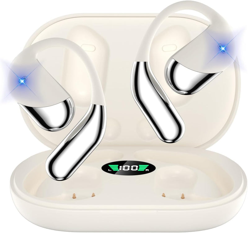 Open Ear Clip Wireless Earbuds Headphones, Bluetooth 5.4, Open Ear Design, Built-in Mic, IPX7 Waterproof, LED Display Charging Case,Ear Hooks Ear Buds Ultra for Fitness/Travel/Gym/Running/workout off-white