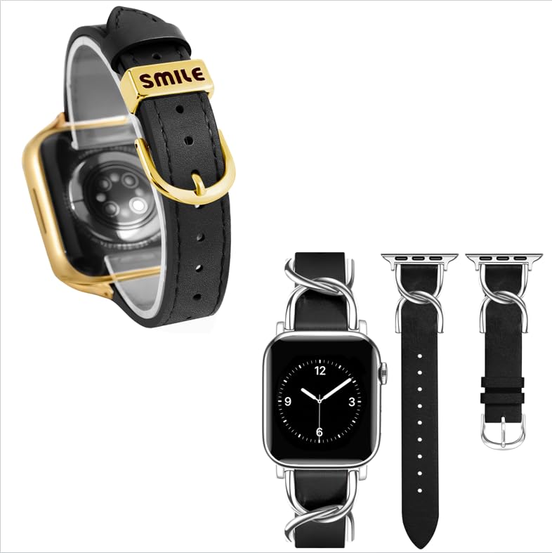 JR.DM Black Leather Bands Compatible with Apple Watch