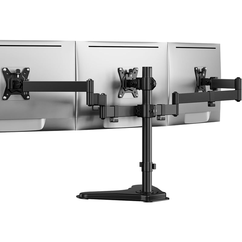 HUANUO Triple Monitor Stand for 13-27 Inch Screens, 3 Monitor Mount | Free Standing & Grommet Base, 40% Thicker Pole, Larger Base, Tilt, Swivel, Rotation, Holds up to 22 lbs, VESA 75x75/100x100mm
