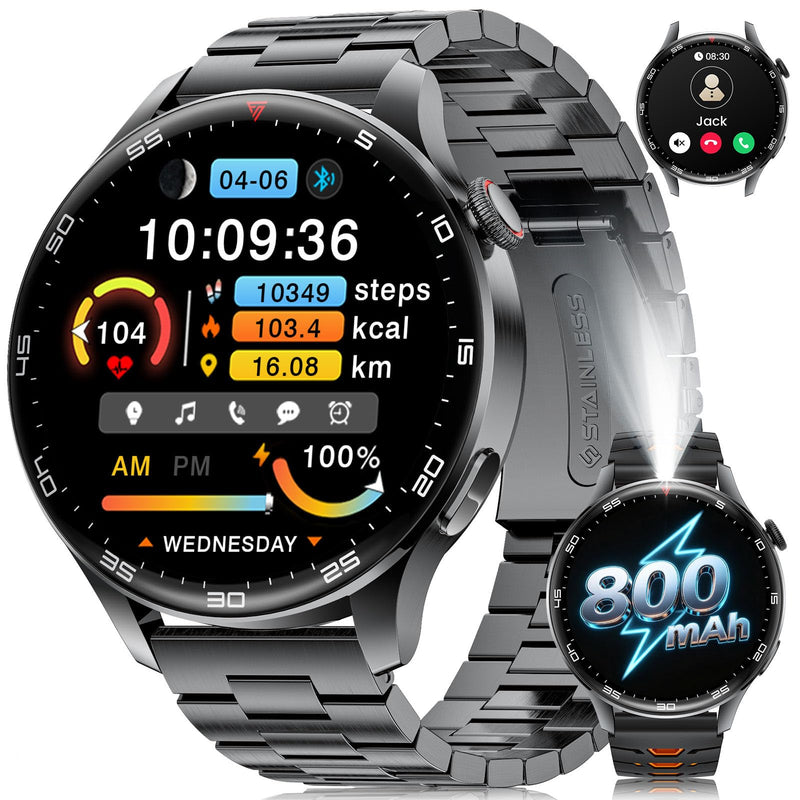Smart Watch for Men(Answer/Make Calls), 1,7'' HD Large Screen Men's Smartwatch with 800mAh Batterry/Flashlight/Heart Rate/Sleep Monitor/100+ Sport Modes, IP68 Waterproof Fitness Watch Silver Black
