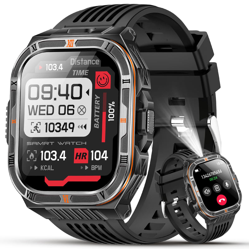 Military Smart Watches for Men, 2.01" HD Smartwatch with 110+ Days Battery/Flashlight/Compass/Bluetooth Calling, Heart Rate/Sleep Monitor, 150+ Sports Modes Fitness Tracker for Android/iOS Black